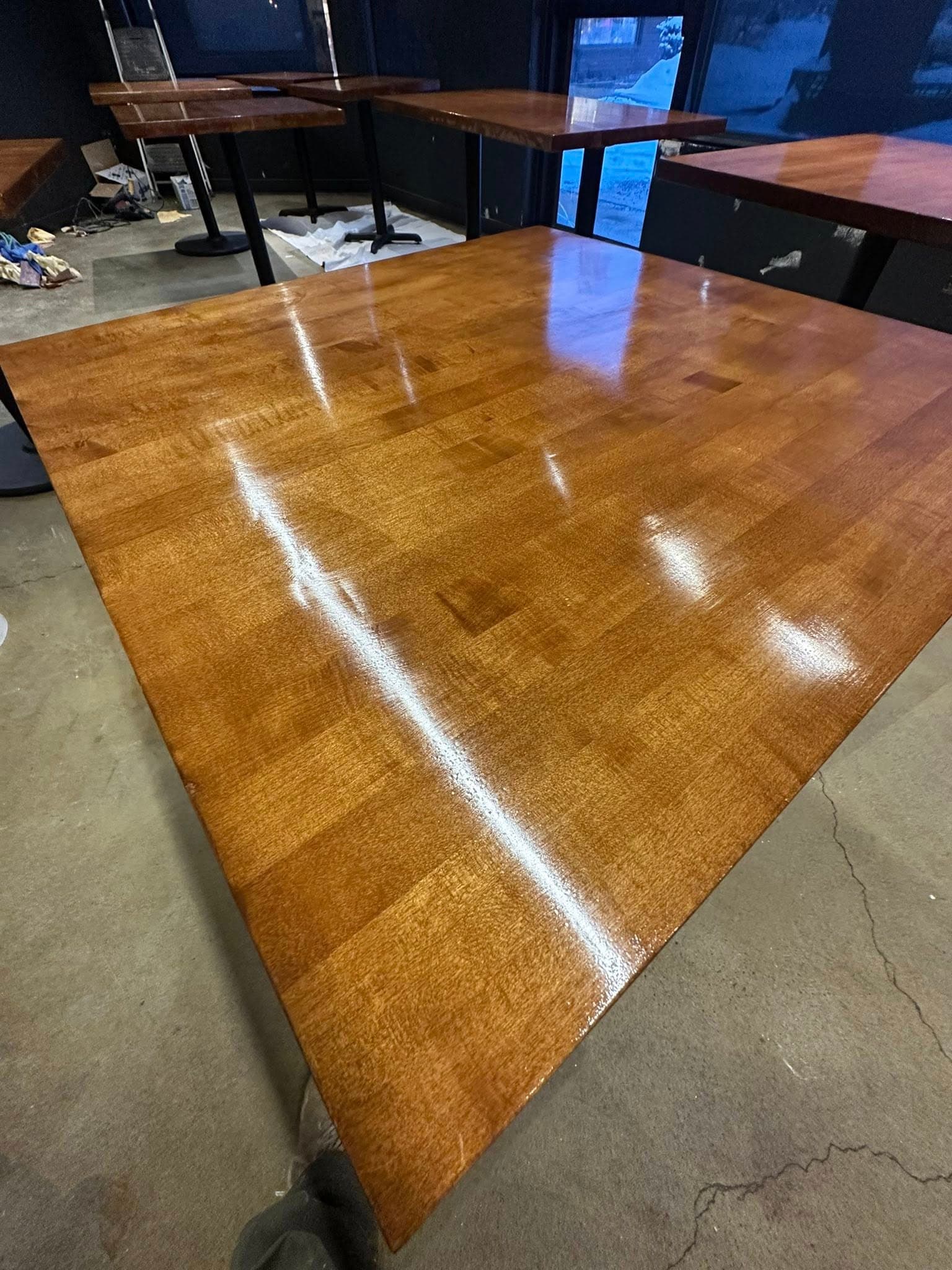 Close-up of beautifully stained butcher block commercial table